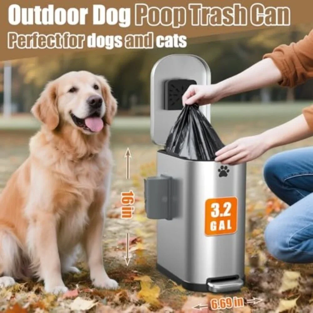 Dog Poop Trash Can Outside with Odor Control Lid & Step Pedal, 3.2Gal Stainless